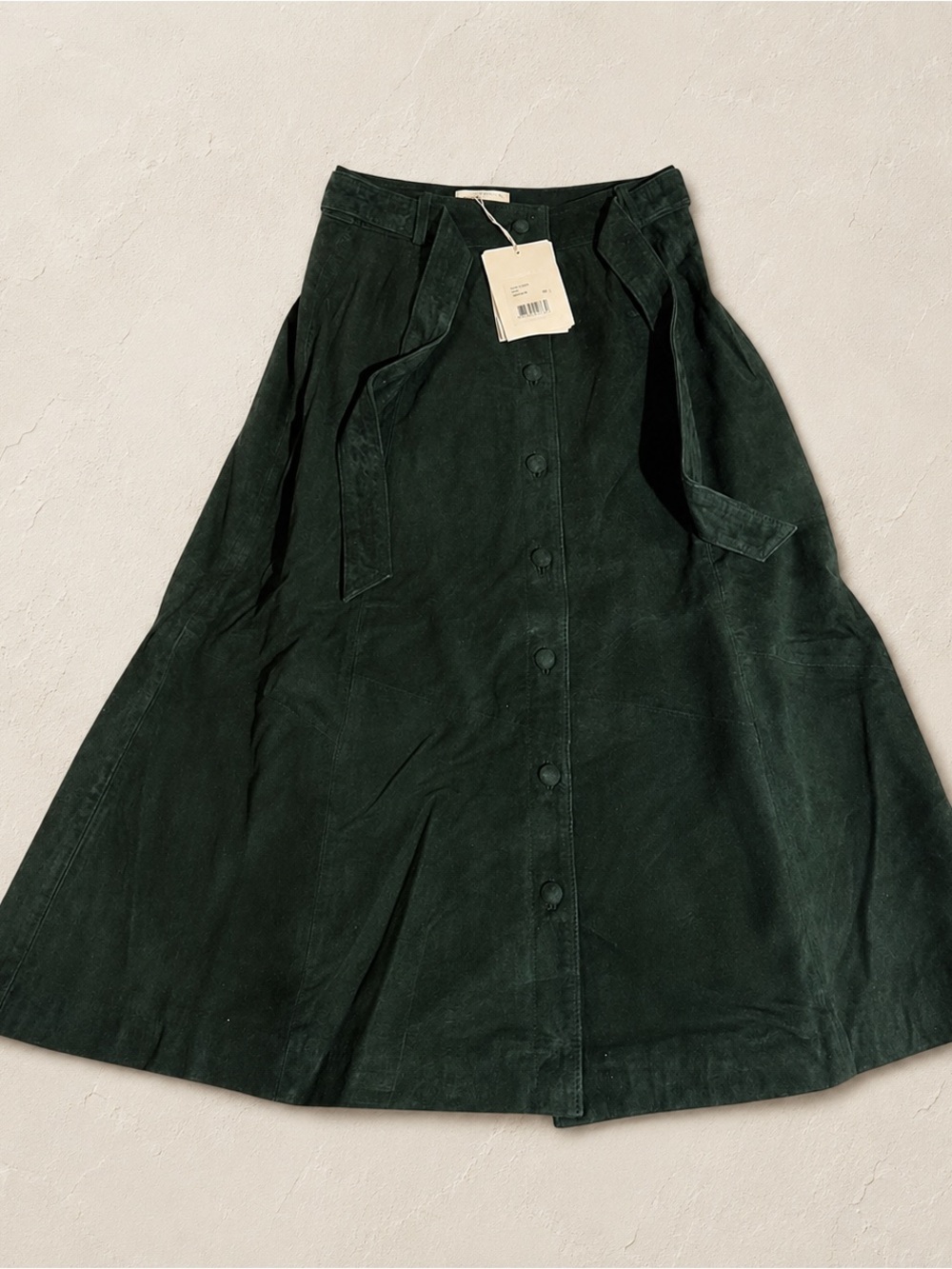 Sezane Dark Green Button-Front A-Line Skirt with Waist Tie